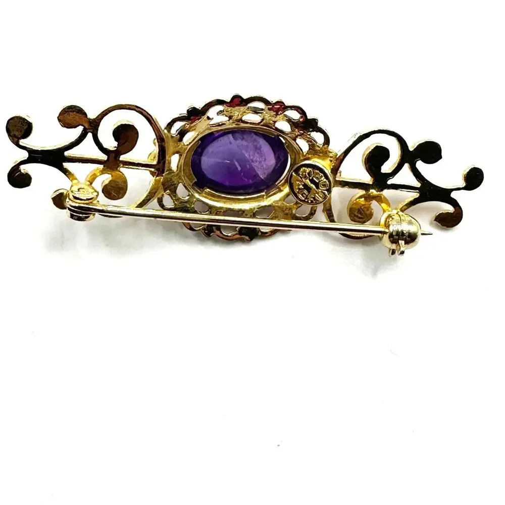 Brooch Pin Gold Purple Cabachon Marked 12kGFDOR 12k gold filled retro vintage